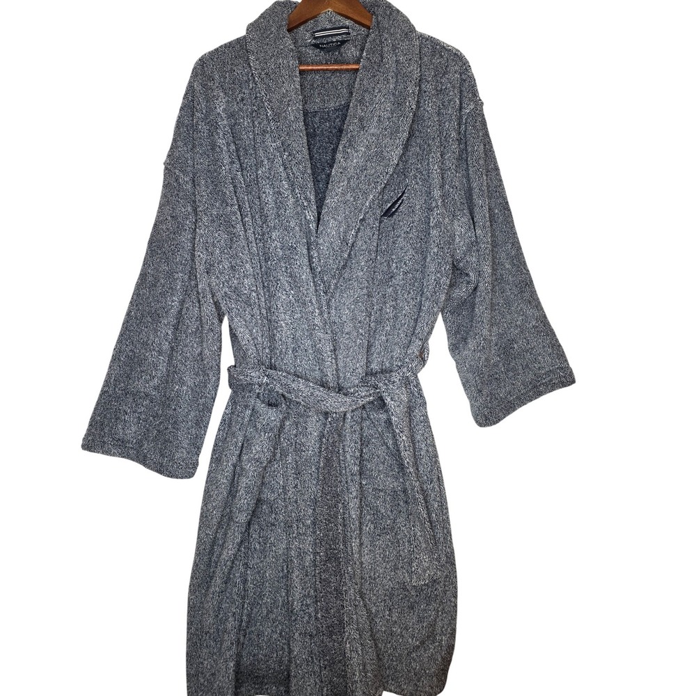 Nautica Men's Long Sleeve Cozy Soft Plush Shawl‎ Collar Robe Bathrobe Blue/White